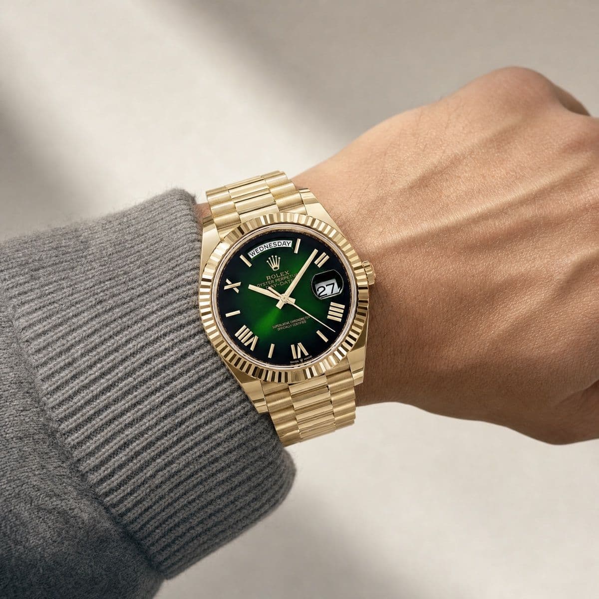 Rolex Day-Date 40 228238 Yellow Gold Green Ombre Roman Numerals Dial (2025) — worn