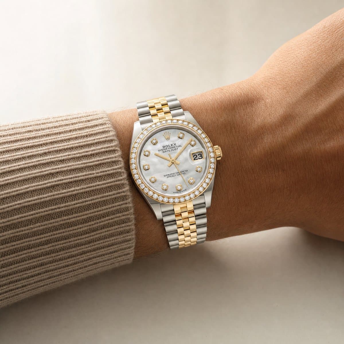 Rolex Datejust 31 278383RBR 'Ladies' Stainless Steel Yellow Gold Mother of Pearl Diamond Dial Diamond Bezel Jubilee (2026) — worn