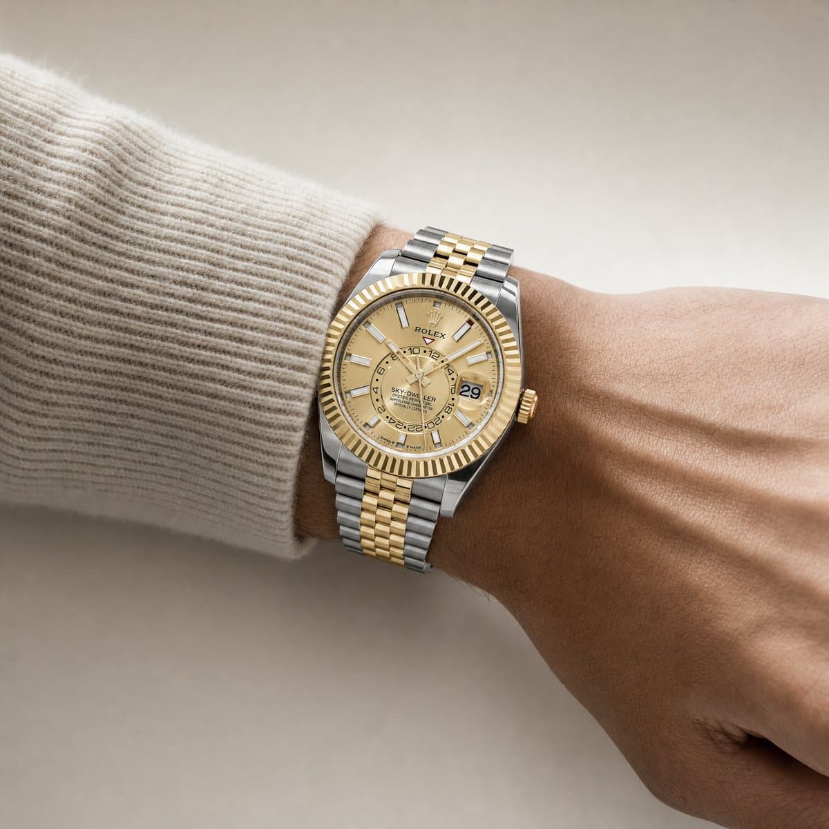Rolex Sky-Dweller 336933 Stainless Steel Yellow Gold Jubilee Champagne Dial (2025) — worn