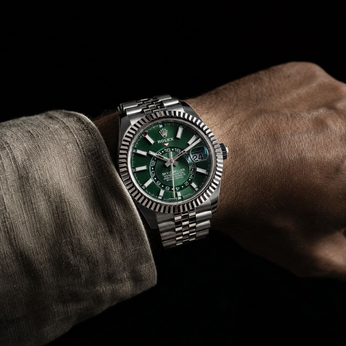 Rolex Sky-Dweller 336934 Stainless Steel Green Dial Jubilee (2024) — worn