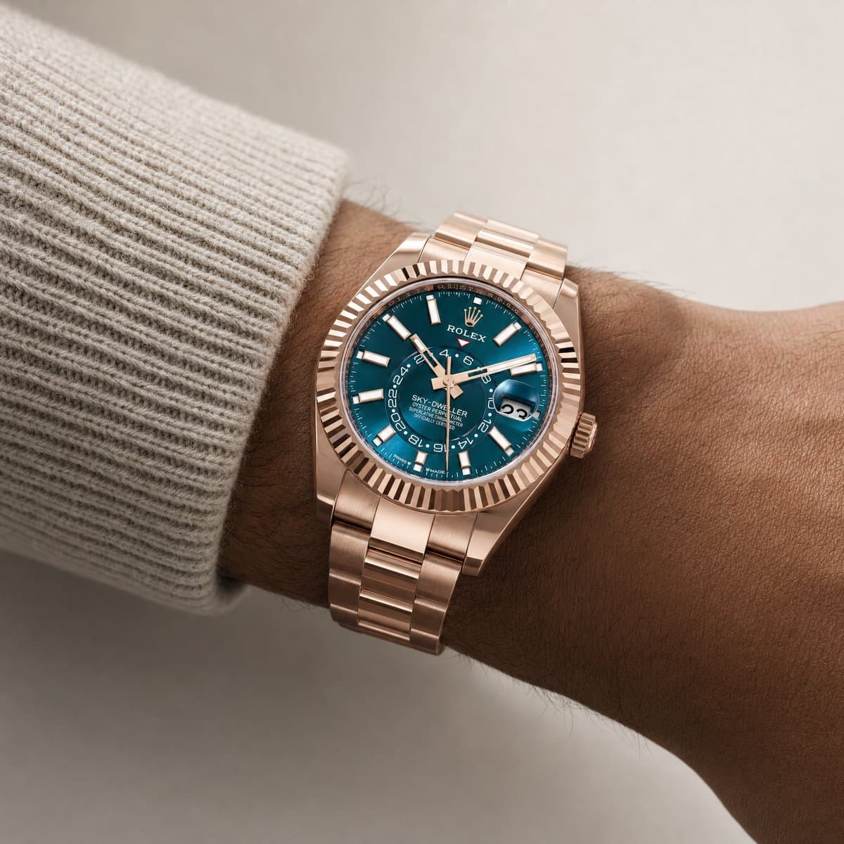 Rolex Sky-Dweller 336935 Rose Gold Blue-Green Dial Oyster (2024) — worn
