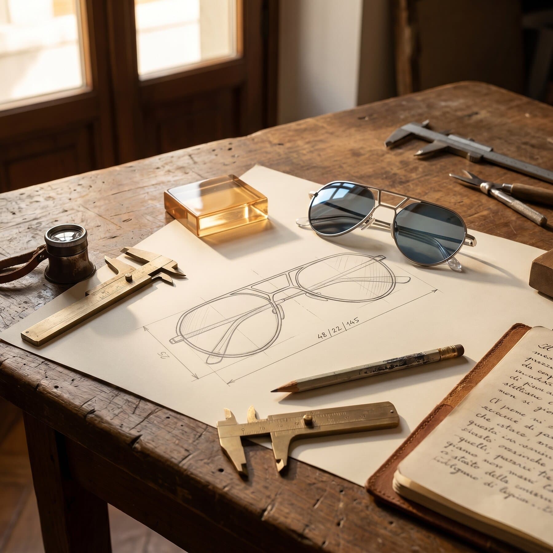 Atelier workbench showing the Verdi blueprint and materials